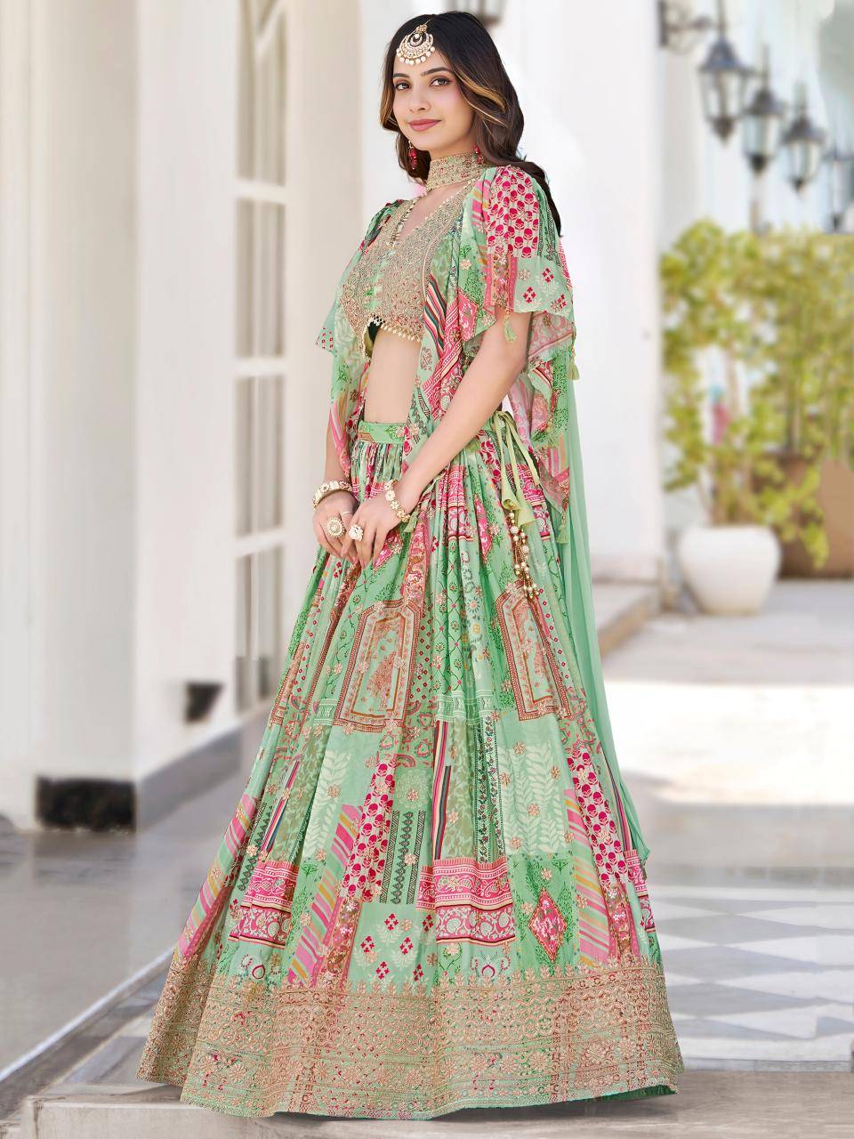 Queen Multicolor Chinnon Silk Green Lehenga choli supplier directory